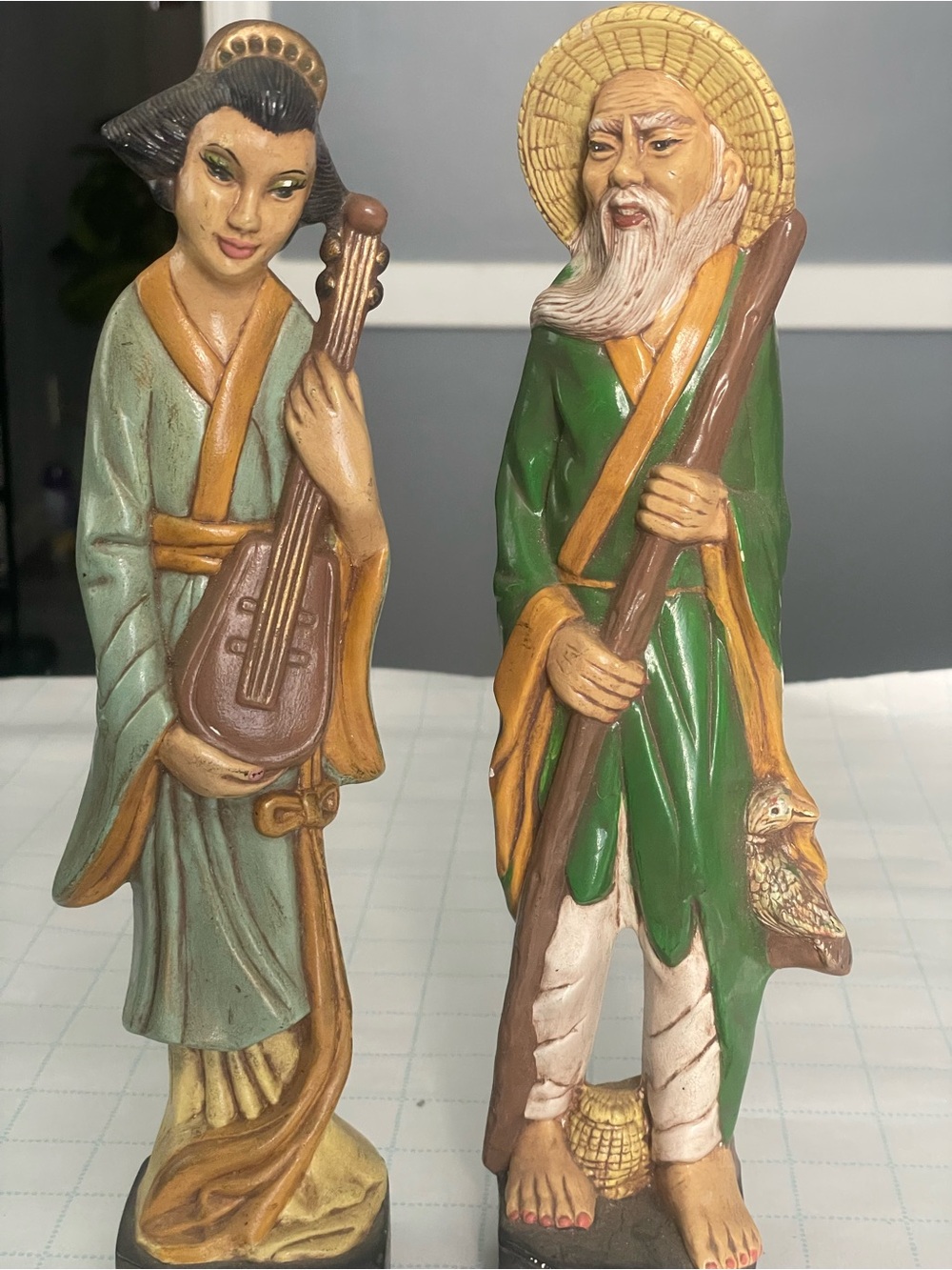 Vintage-style Asian Figurine Pair in Green and Tan
